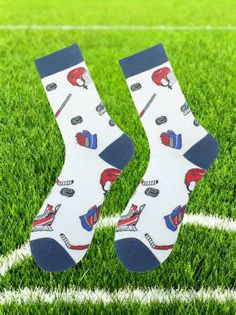 1双男士卡通可爱趣味曲棍球图案中筒袜，舒适透气，适合春、夏、秋季日常、运动和聚会穿着。