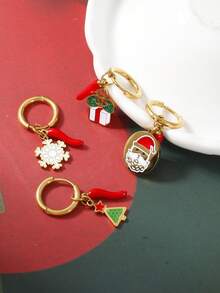 1pc Y2K Stainless Steel Enamel Chili Cartoon Earrings For Women, Santa Claus & Reindeer Christmas Stocking Earrings, Suitable For Christmas Wear, Autumn/Winter Daily Wear, Christmas Gift - Yellow Gold - View 1