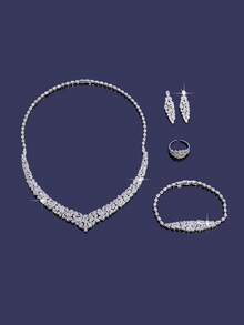 5PCS/1Set Bridal Necklace,Earring,Ring,Bracelet Luxury Cubic Zirconia Jewelry Set For Woment Wedding And Banquet Accessories