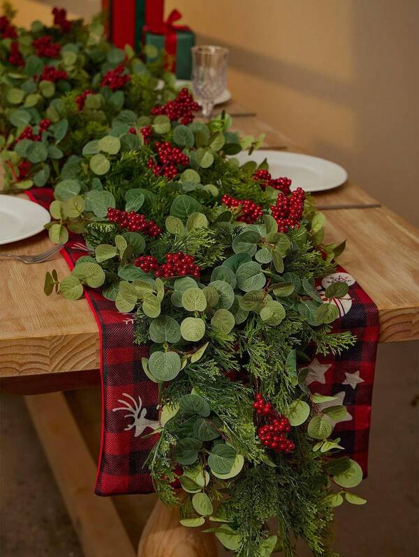 1pc 5.9FT Artificial Christmas Wreath Garland With Red Berries Durable Realistic Fake Pine Cypress Greenery Vine Suitable For Christmas Thanksgiving New Year Holiday Winter Wedding Birthday Party,Table Centerpiece Fireplace Mantel Door Home Decor Supplies