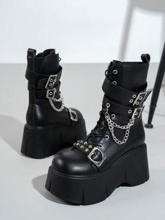 Botas cortas con plataforma de 9 cm de grosor para mujer, botas casuales de estilo punk, botas negras ajustadas, nuevas llegadas de otoño