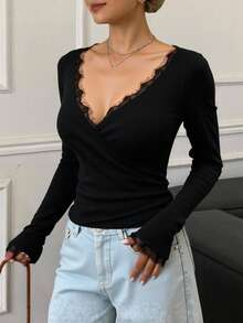 Livesso Women's V-Neck Lace Patchwork Slim Fit Long Sleeve Casual Sexy Sweater Fall - Black - View 2