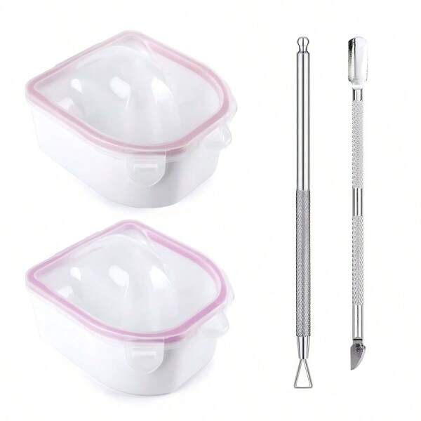 4pcs Nail Soaking Bowl Set, Soak Off Gel Polish Remover Bowl Manicure Bowl For Acrylic Nails With Cuticle Peeler And Pusher For Salon Home Nail Art, Universal For Both Hands