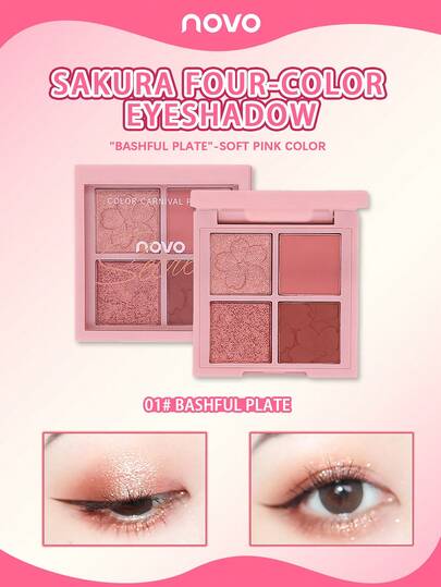 NOVO 4 色防水防汗眼影盘，哑光，哑光闪光，亮泽珍珠，樱花物语闪亮组合眼影