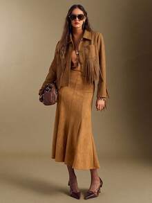 Simplee Women's Autumn/Winter New Urban Fashion Brown Faux Suede Jacket, Front Button Pockets With Rivet And Fringe Decoration, Suitable For Streetwear, Vacation, And Party Wear - Brown - View 5