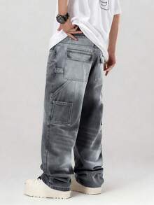 Pantalones casuales de mezclilla lavada vintage para hombres, de pierna ancha y suelta, con múltiples bolsillos, versátiles y de moda, adecuados como regalo para novio/esposo - Gris Oscuro - Ver 5