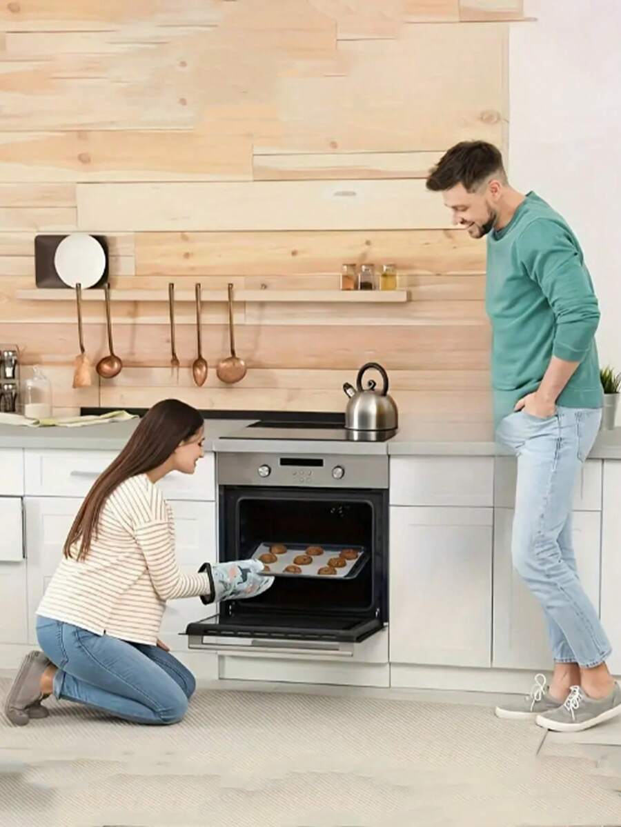 2pcs Oven Gloves, High Temperature Resistant Kitchen Baking Oven Gloves With Cute Cat Print - Thick, Heat-Resistant, Made Of Polyester, With Straps, Perfect For Cooking, BBQ And Microwave Use - Blue And White, Hand Wash Only - Multicolor - View 1