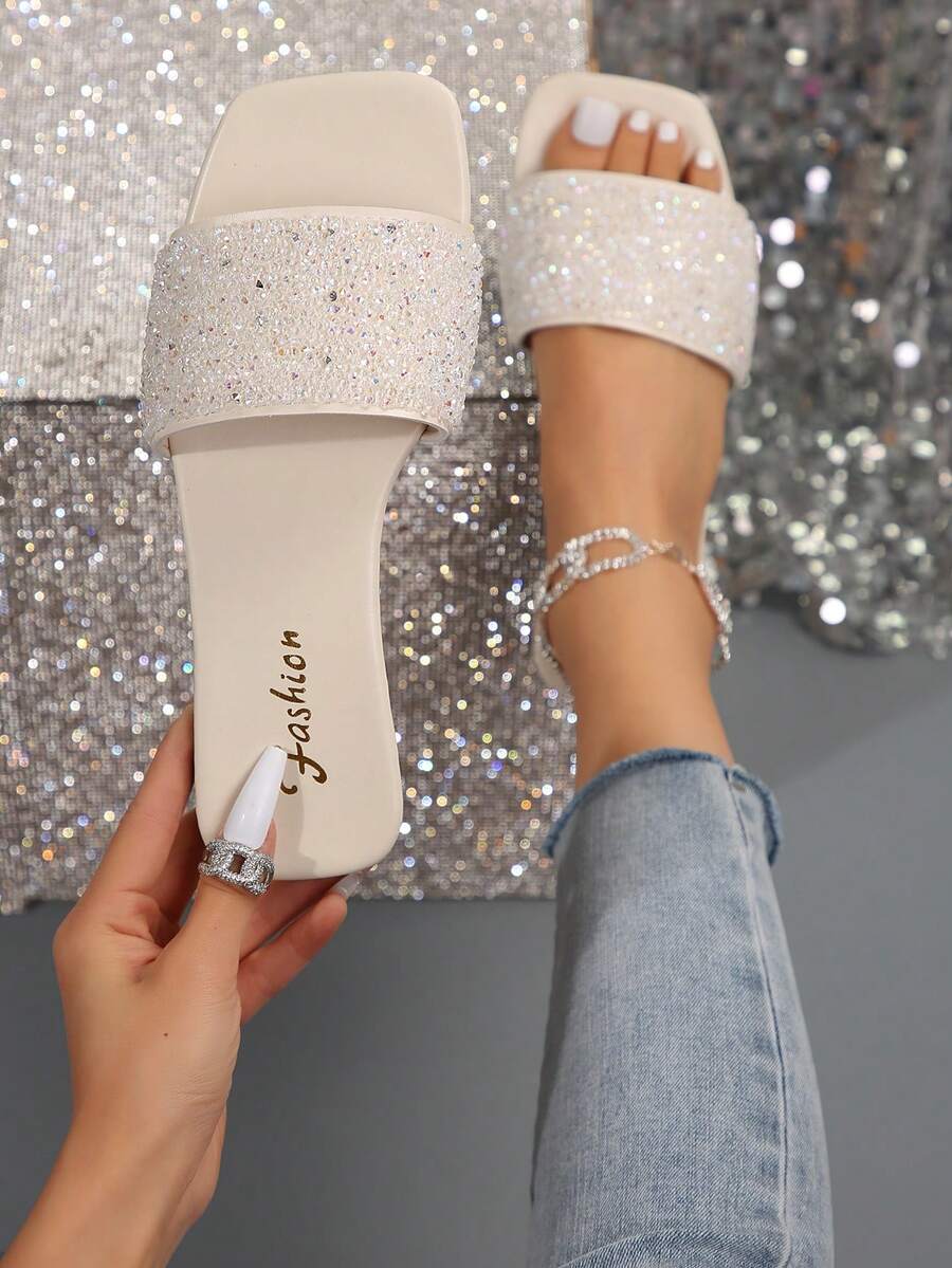 Plus Size Women's Slip-On Flat Sandals, Black Square Toe Rhinestone Non-Slip Soft Bottom Lace-Up Slippers, Fashionable With Dresses, Suitable For Beach, Ideal For Housewives - White - View 1