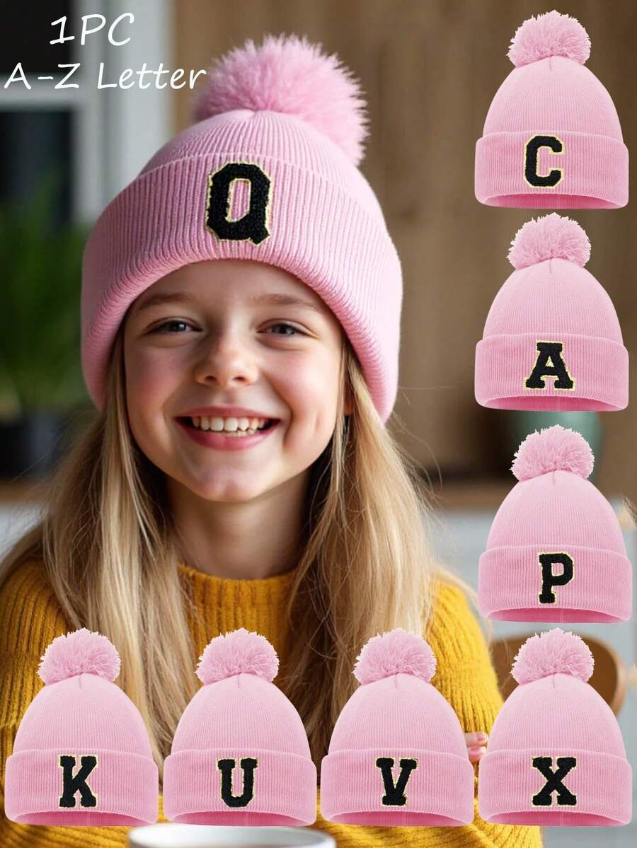 1 Stück Kinder gestrickte Mütze mit A-Z Buchstaben Muster, Mädchen Jungen warme gestrickte Beanie, geeignet für den Außenbereich, Alltagsgebrauch im Herbst und Winter