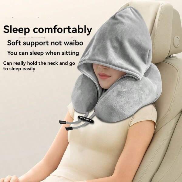U-Shaped Travel Pillow With Hood - Adjustable Portable Neck Pillow Suitable For Airplane And Home, Medium Softness, Removable And Washable Fabric Neck Support Pillow | Ergonomic Design | Pillow Travel Pillow