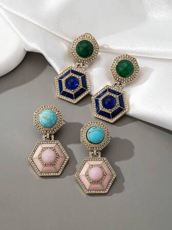 1 Pair 925 Sterling Silver Geometric Earrings With Natural Stone And Enamel, Bohemian Style