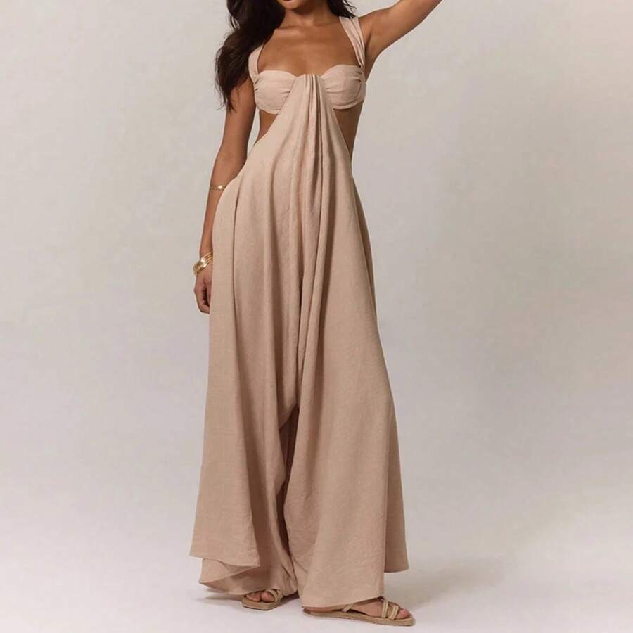 Fashion Hollow Waist Halter Wide Leg Jumpsuits Sexy Tube Top Sleeveless Solid Color Playsuits Lady High Street Commute Rompers - 05 卡其色 - 查看 1