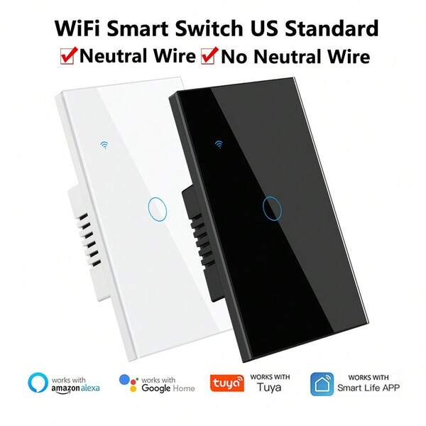 Tuya Smart Switches US Neutral Wire/No Neutral Wire Required 1/2/3/4 Gang Light WiFi Touch Switch Work With Alexa Home