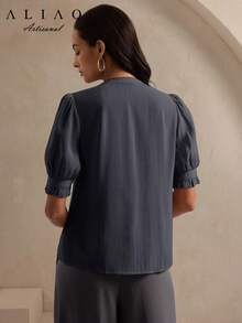 A&A 精致蕾丝边透视薄纱立领荷叶边优雅泡泡袖衬衫，复古款，返校季，教师衬衫，基本款上衣 - 灰色 - 查看 5