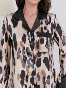 Set de pijamale pentru femei cu imprimeu leopard, cu buzunare în față și nasturi în față, mânecă lungă, toamnă/iarnă, haine de toamnă