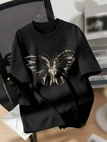 Camiseta de  con Patrón de Mariposa de Anime - Top de Manga Corta de Algodón Suave y Transpirable, Adecuada para Uso Diario y de Fiesta - Diseño Simple de Cuello Redondo - Artículo Esencial de Verano Lavable a Máquina - Negro - Ver 1