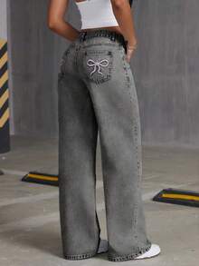 Teen Girl's Loose Fitting Butterfly Print Flare Denim Jeans