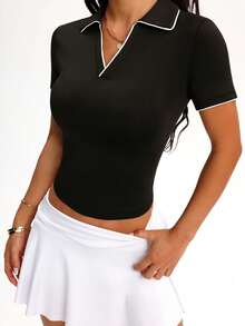 1pc Women's Solid Color Black Polo Shirt With White Contrast Trim, Stretchy Fabric - Black - View 1