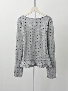女士波点荷叶边长袖T恤，秋冬季款，蝴蝶结系带设计，修身圆领套头衫 - 灰色 - 查看 9