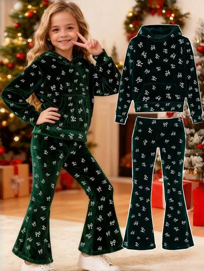 2pcs Girls Autumn/Winter Velvet Sweatshirt And Pants Set, Soft And Skin-Friendly, Bow Rhinestone Decor