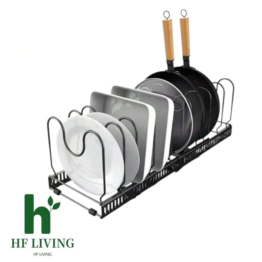 Escurridor de platos de cocina, organizador retráctil para platos, sartenes y ollas, estante organizador de tapa para gabinete, soporte multifuncional de metal con 10 compartimentos ajustables - Negro - Ver 1