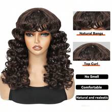 Synthetic Heat Resistant Wigs Bouncy Curls Wigs With Bangs Copper Ginger 20 Inch Dark Brown Wig Bangs Wig Daily Used Easy To Wear Beginner Friendly Big Bouncy Fluff Curly Wigs - Dark Brown - 查看 4