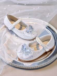 1 双女童软底闪亮蝴蝶水钻公主鞋，时尚百搭，适合日常穿着和装扮 - 米色 - 查看 4