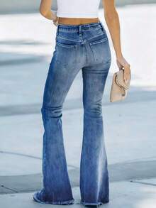 Damen Lässig Weite Bein Jeans mit mittlerer Stretch, Boho Stil Hose mit Knöpfen und Taschen - Mittele Waschung - Übersicht 3