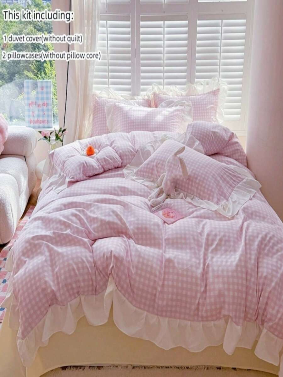 3pcs Lace Plaid Printed Bedding Set Including Duvet Cover And Pillow Cases (Without Inner), Soft And Breathable Fabric, Suitable For All Seasons, Duvet Cover With Zipper For Easy Washing,Fall Decor,Autumn Decor,Room Decor - Pink - View 1