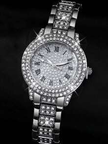 3 Stück/Set modisch & elegant multifunktionale Damen Stahlband Quarz Uhr Set, vollständig mit Strass dekoriert, kombiniert mit Strass Schmuck Armband, geeignet für Abendgalas, Festivals, Partys, Hochzeiten und den täglichen Gebrauch, auch ideal für Schulanfang, Abschluss, Thanksgiving und andere Anlässe, perfektes Geschenk für Frauen - Silber - Übersicht 5