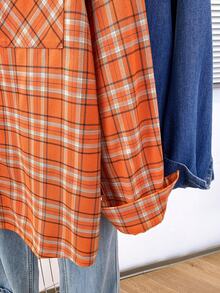 New Dopamine Orange Plaid Casual Long Sleeve Shirt