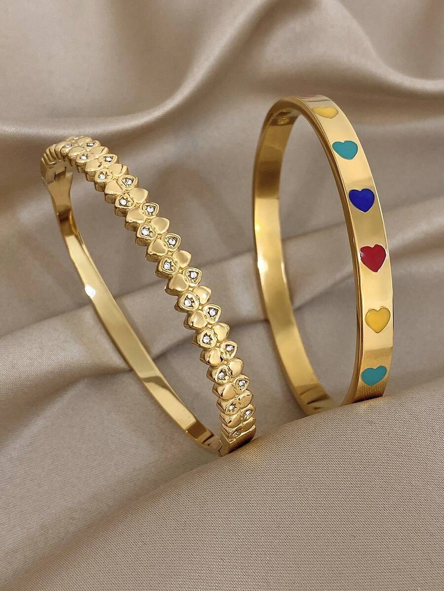 优雅简约心形手镯 金色细手镯 女士可叠戴不锈钢手镯 万圣节圣诞节派对套装 珠宝礼品