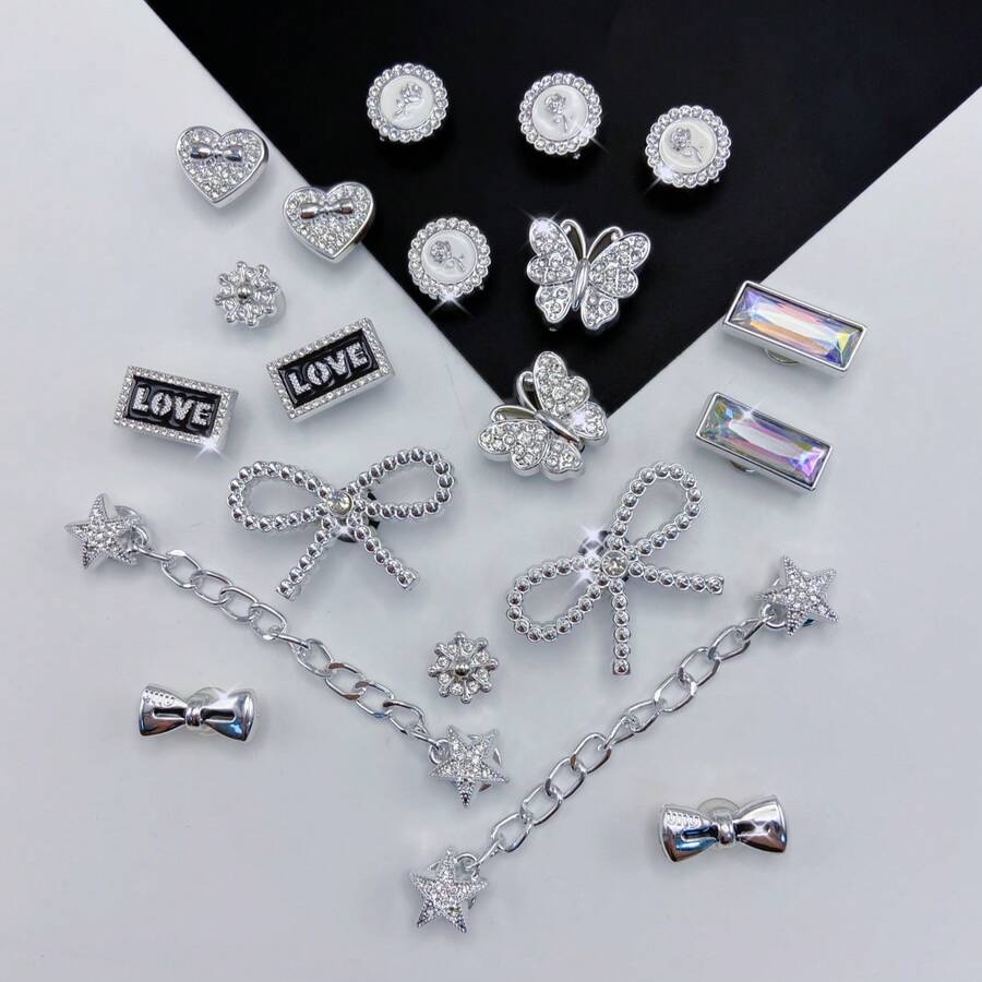 20pcs Detachable DIY Rhinestone Bear, Bow, Christmas Snowflower Shoe Decoration Chain, Perfect Holiday Gift - Silver - View 1