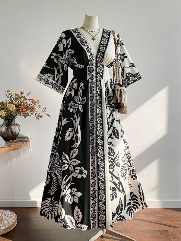 Rusttydustty Vestido casual de vacaciones con escote en V, estampado floral en blanco y negro, y parches, elegante estilo bohemio, ideal para Navidad, Acción de Gracias y Año Nuevo