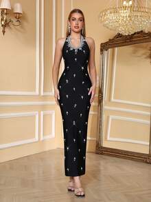 Love Aing Đầm dạ hội đen dành cho nữ, được đính đá thủ công tinh xảo, sang trọng và thanh lịch, thích hợp cho các buổi dạ tiệc, tiệc chiêu đãi, liên hoan, hoặc các sự kiện Trung Đông. Thiết kế cổ yếm hở lưng, màu trơn, phù hợp cho khách dự đám cưới mùa xuân. - màu đen - Xem 5
