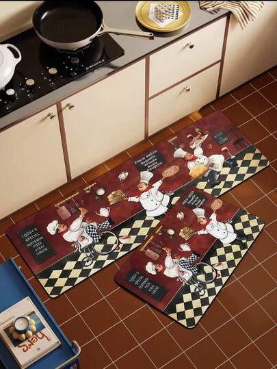Tapete de cozinha de sílica gel com tema de chef de desenho animado. O padrão principal apresenta vários personagens de chefs de desenho animado vestindo uniformes e chapéus brancos, em diversas poses, como cozinhando e apresentando pratos. O tapete também apresenta pizzas, bolos, utensílios e outros elementos relacionados à culinária/comida, além de um padrão xadrez preto e branco em um dos lados.
