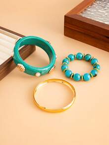 Set de 3 piezas de pulseras de metal con arco geométrico, perlas falsas y conchas, de estilo bohemio. Pulseras elegantes y lujosas para uso diario, casual o de fiesta, como regalo de joyería para mujeres.
