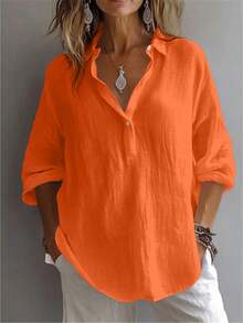 Women's Plus Shirt Solid Color Daily Casual Long Sleeve Bishop Sleeve Shirt Collar Regular Tops Daily Patchwork Buttons