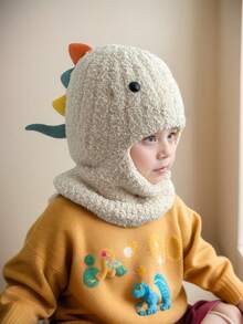 1pc Toddler Boys' Dinosaur Thermal-Lined Balaclava Hat, Knitted Beanie With Scarf, Warm Winter Cap