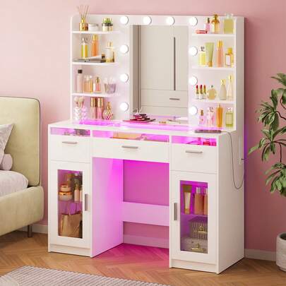 Tomnk 2 Sizes Vanity Desk With Mirror And Lights, Makeup Vanity Desk With Lights 3 Colors, Transparent Top Vanity With 2 RGB Drawers, 6 Shelves, Large Tempered Cabinet, Power Outlet, For Bedroom, White, Christmas Gift (The Light Strip Is Powered By USB)