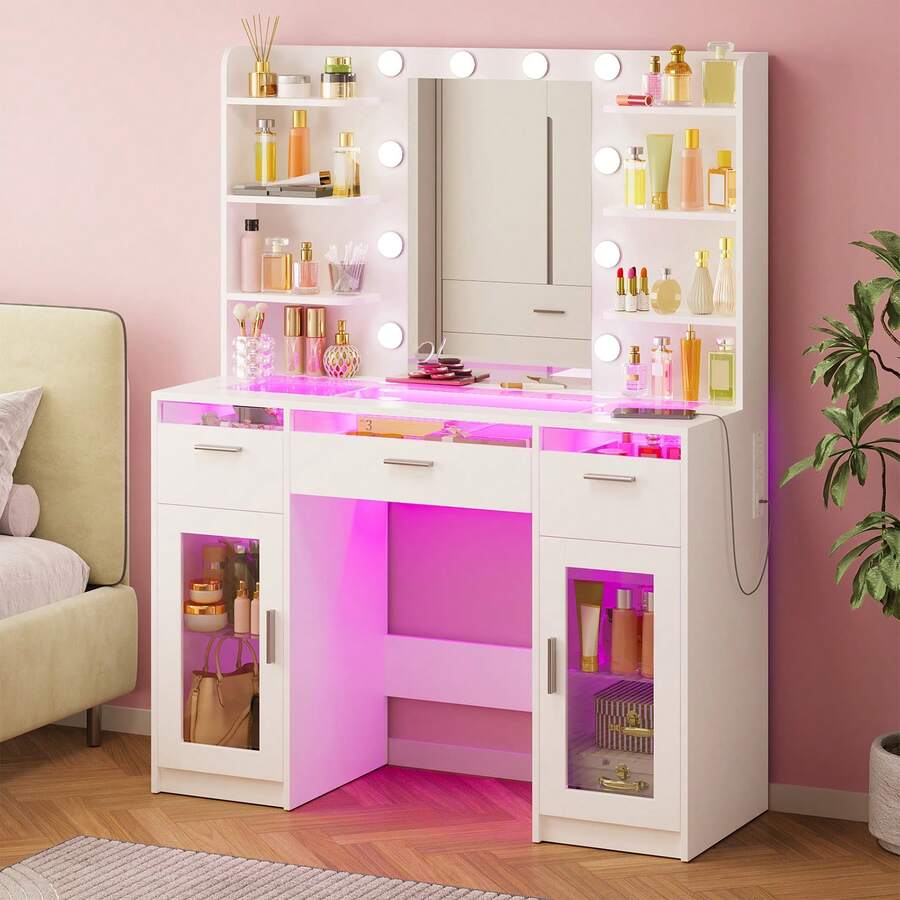 Tomnk 2 Sizes Vanity Desk With Mirror And Lights, Makeup Vanity Desk With Lights 3 Colors, Transparent Top Vanity With 2 RGB Drawers, 6 Shelves, Large Tempered Cabinet, Power Outlet, For Bedroom, White, Christmas Gift (The Light Strip Is Powered By USB) - 查看 1