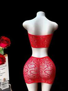 Conjunto de lencería sexy, sujetador transparente y falda corta de encaje jacquard para mujer, ropa interior para club nocturno