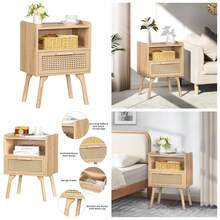 Rattan Nightstand, Boho Side Table With Drawer Open Shelf, Cane Accent Bedside End Table With Solid Wood Legs For Bedroom, Dorm And Small Spaces (Natural) - 自然的 - 查看 2