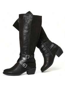 Women's Extra Wide CalfKnee High Boots, Wide Width Knee-High Boots Low Stacked Heel Slouchy Fall Winter Tall Boots With Side Zipper - 黑色 - 查看 2