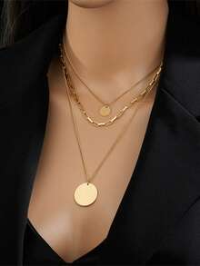 1 Peça Colar de Disco Redondo de Aço Inoxidável de Camada Dupla, Banhado a Ouro