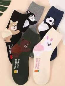 3 Pairs Assorted Cute Animal Print Warm & Comfortable Mid-Calf Socks, Autumn/Winter