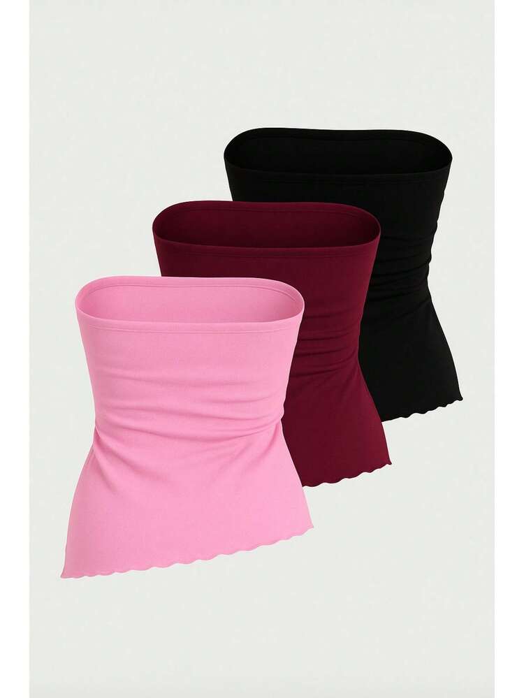 Set Of 3 Strapless Cropped Tops In Stretch Fabric With Side Draping, Strapless And Wavy Hem, Offering An Elegant And Modern Fit For Versatile Compositions - 粉紅色,酒紅色和黑色 - 查看 2