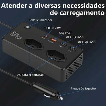 Inversor Automotivo Veicular De Tensão 12v 110v Digital COM 2 TOMADAS 3 USB 1 TIPO-C