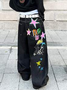 1pc Vintage American Street Style Embroidered Loose Fit Casual Wide Leg Jeans Pants For Men, Comfortable & Versatile For All Seasons (Belt And Accessories Not Included) - 黑色 - 查看 3