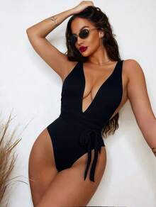 Swim SXY Summer Beach Solid Plunging Neck Crisscross Knot Front One Piece Swimsuit - Black - View 6